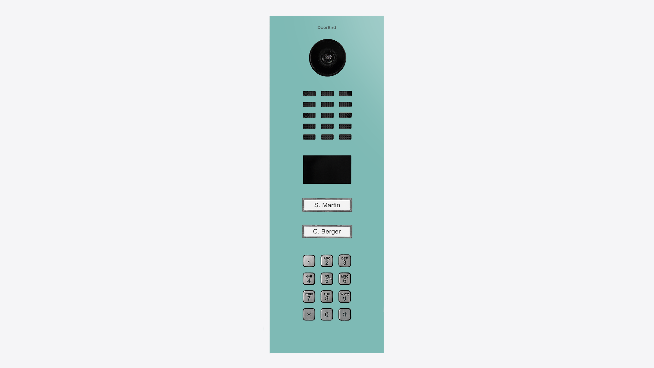 Light green video door station panel with camera, keypad, and call buttons