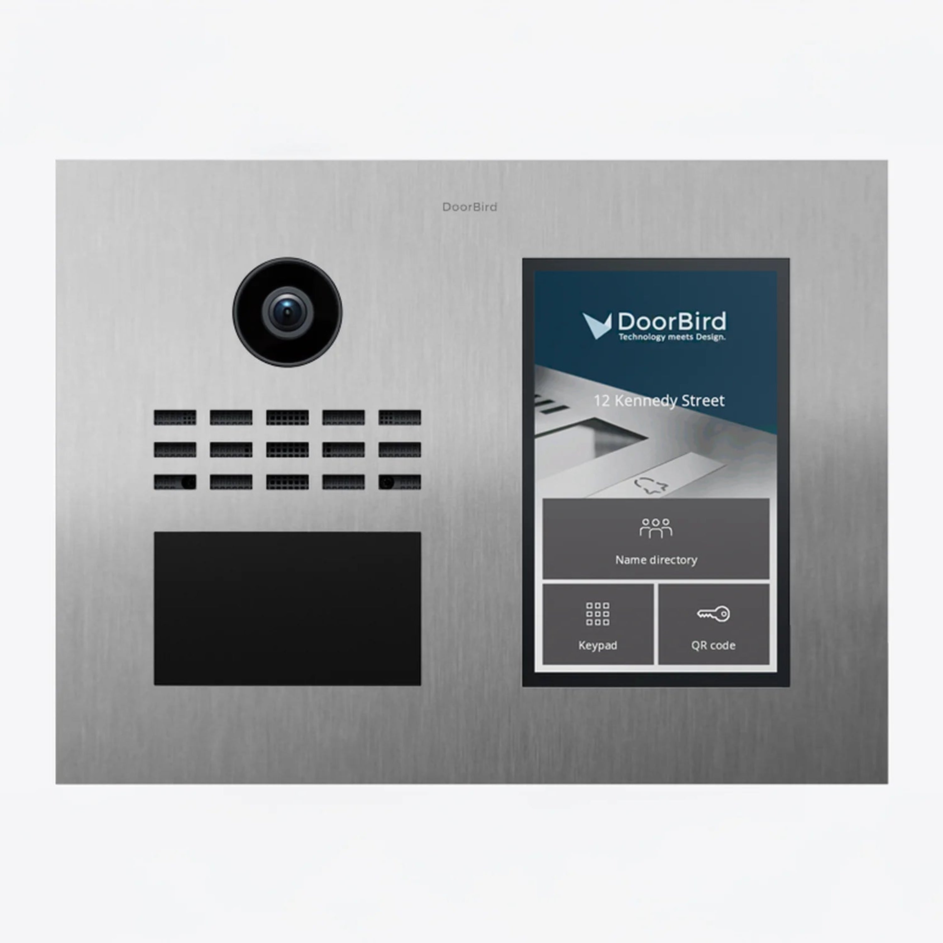 Stainless steel IP video intercom with camera, keypad display, and name directory