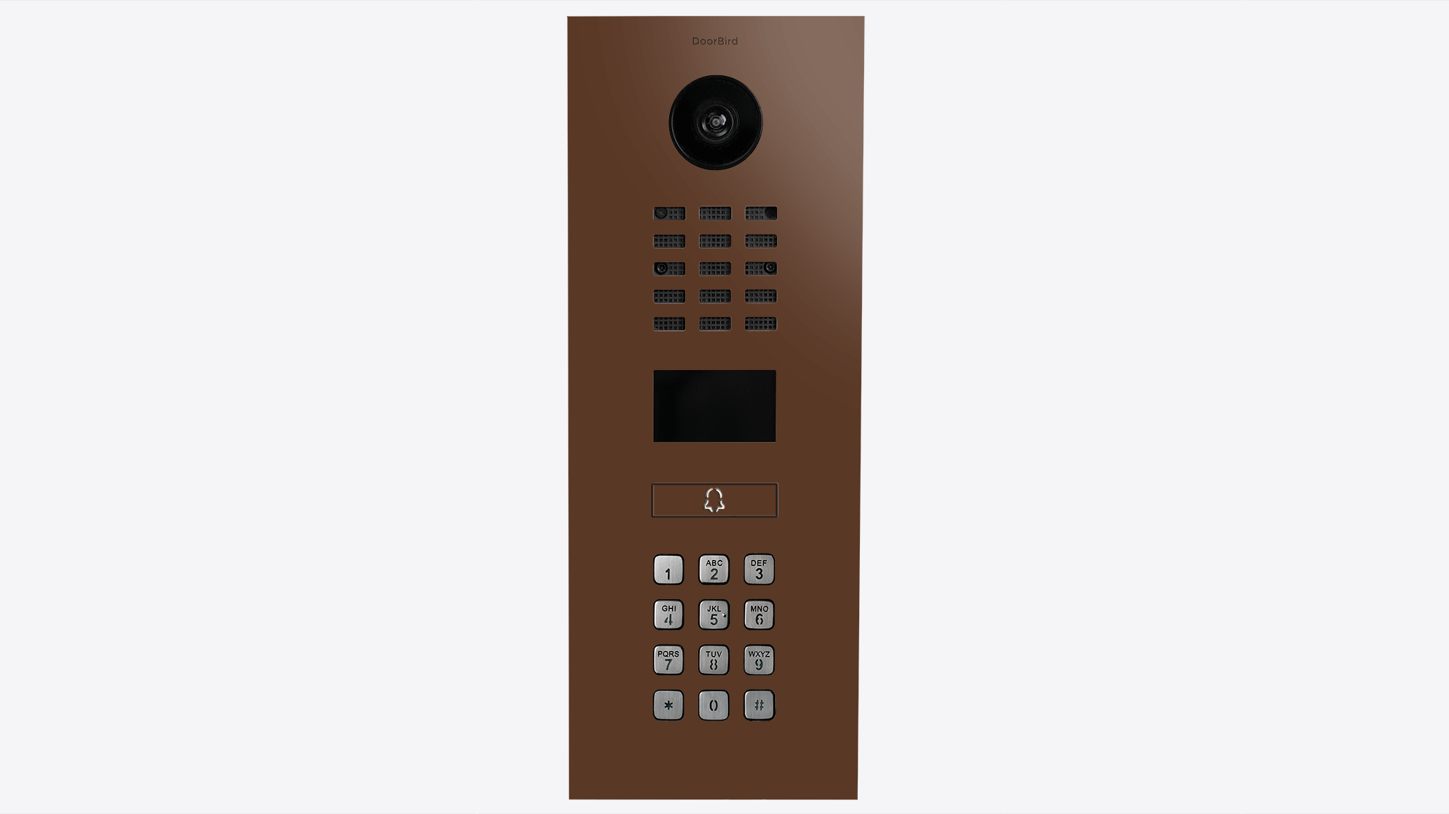 DoorBird IP video intercom panel, nut brown front view with camera and keypad