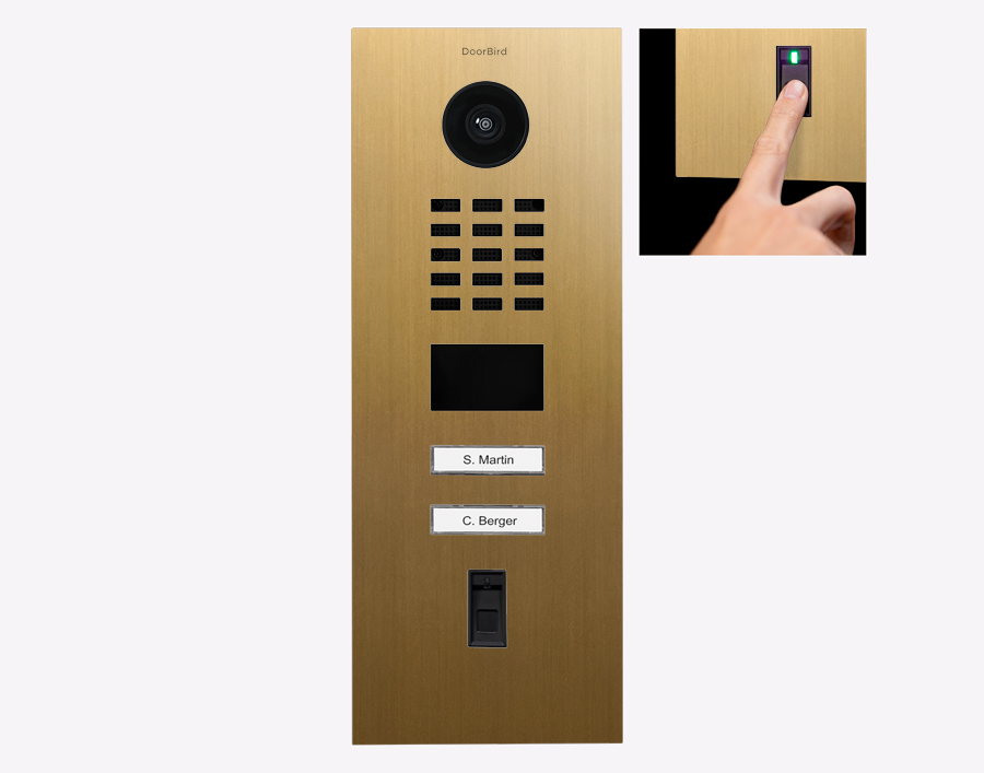 DoorBird IP video door station in gold finish with camera, keypad, display, name labels
