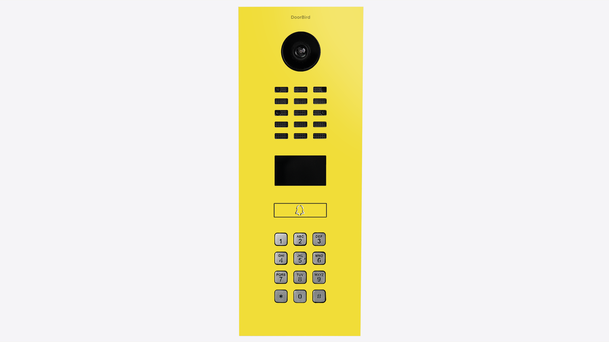 Sulfur yellow video intercom with camera lens and numeric keypad on slim faceplate