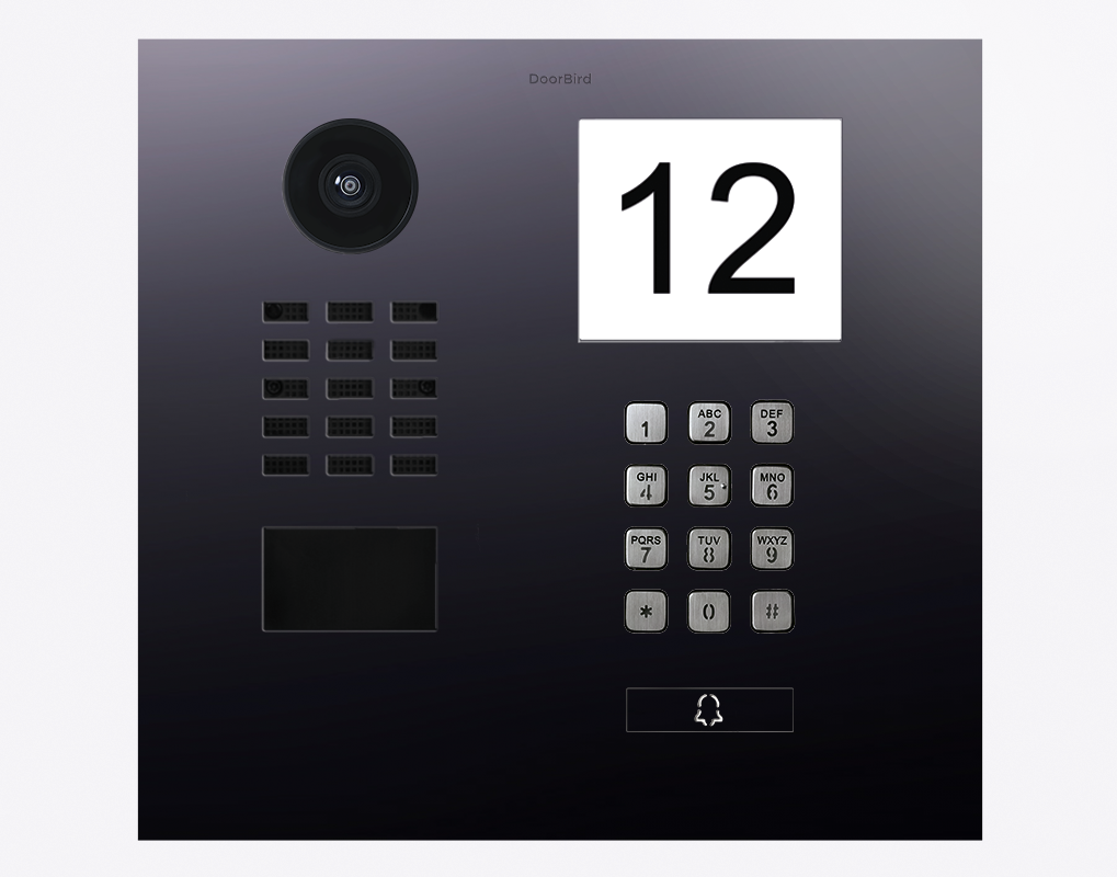 Titanium IP video door station with built-in camera, numeric keypad, and call display