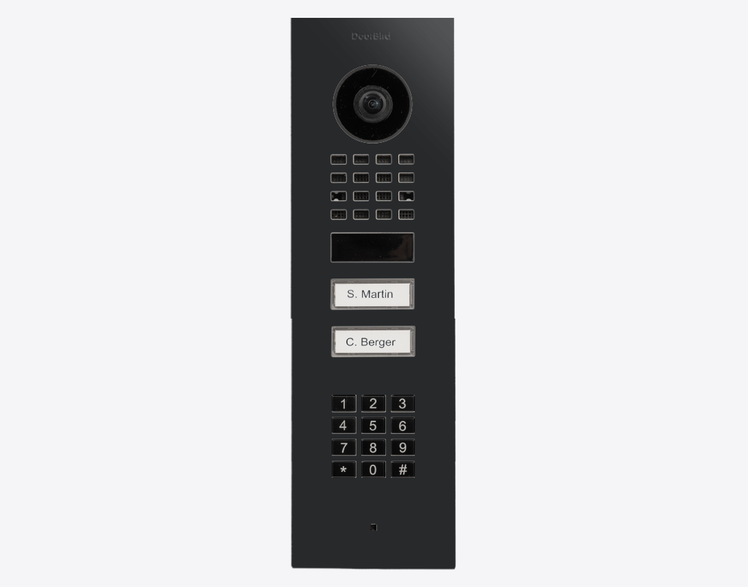 DoorBird video door station in graphite black with camera, call buttons, and keypad