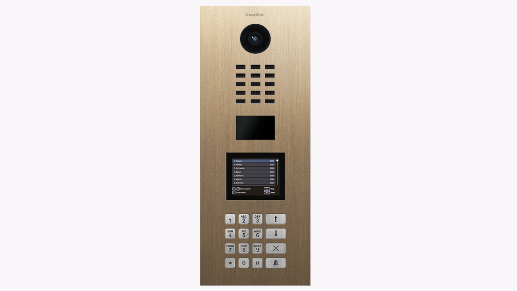 Brass IP video door station with round camera, speaker grille, and keypad panel