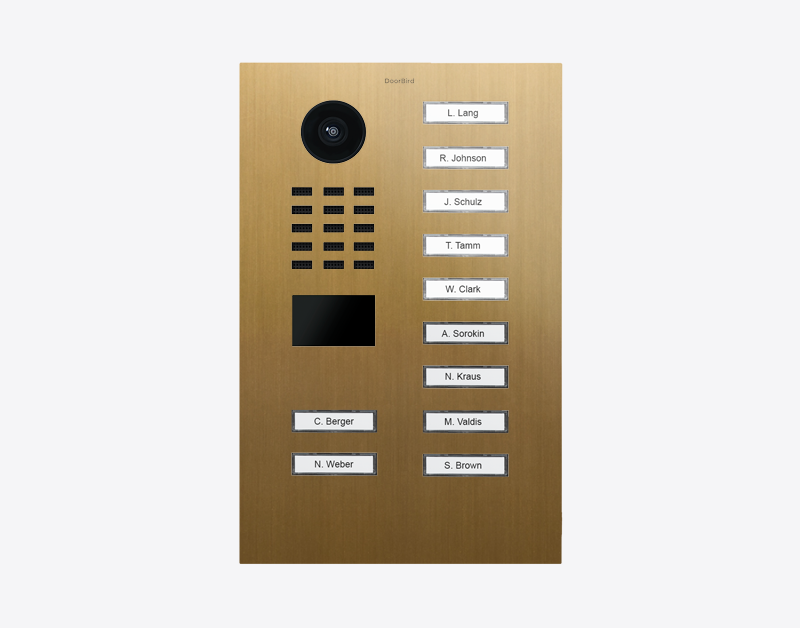 Gold IP video door station with camera lens, speaker, and labeled call buttons