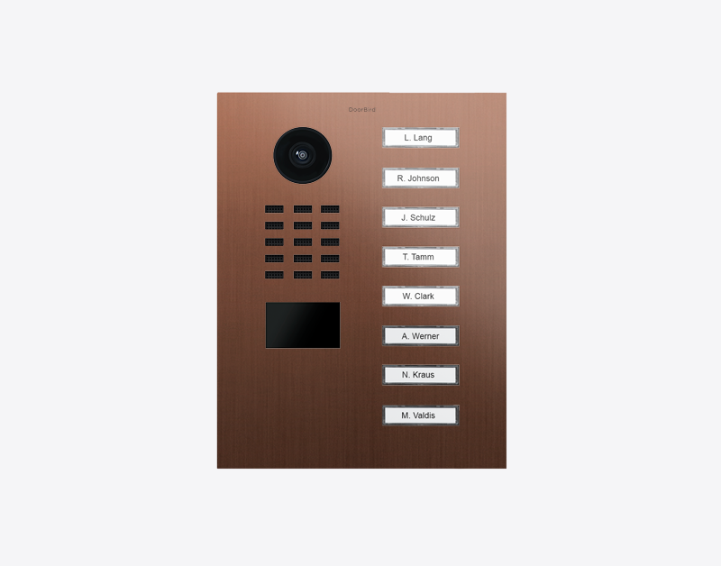 Bronze video door station with camera lens and eight name call buttons