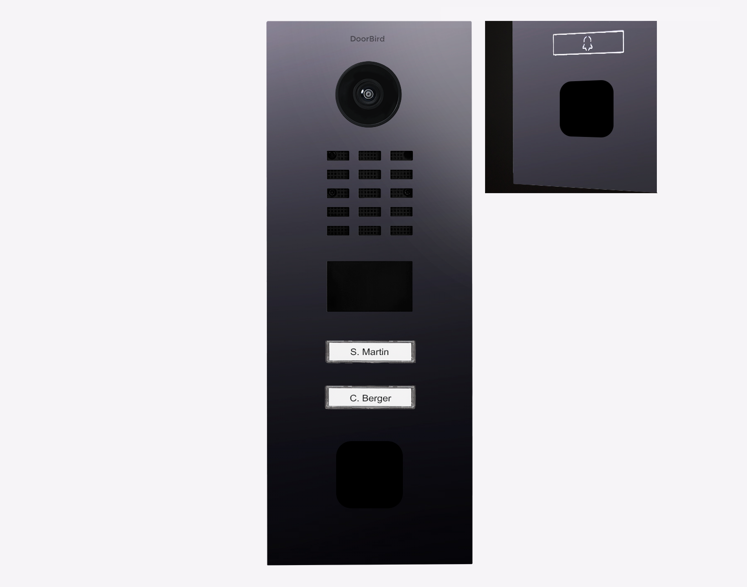 Titanium IP video door station with camera lens, two call buttons and name plates