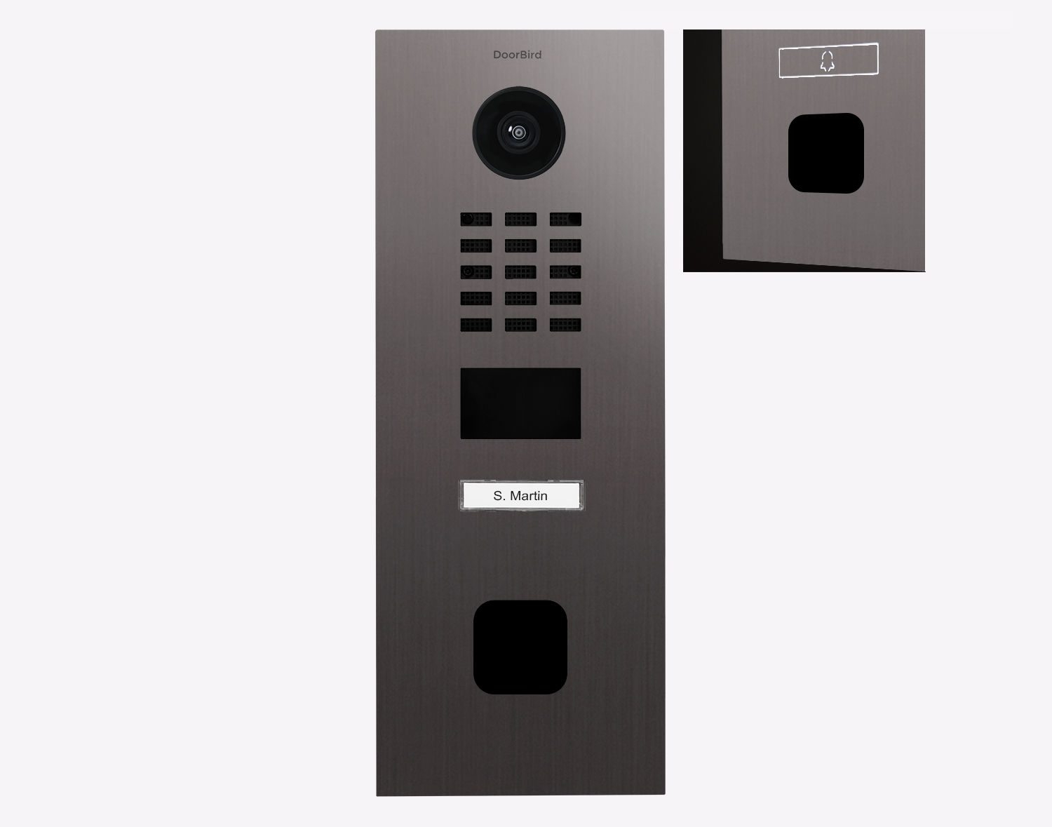 Stainless steel IP video door station with camera lens, keypad, and call buttons