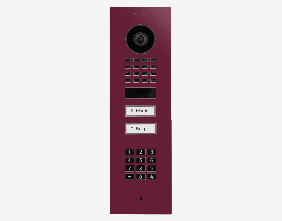 DoorBird video door station, claret violet flush mount panel with camera, keypad, call buttons