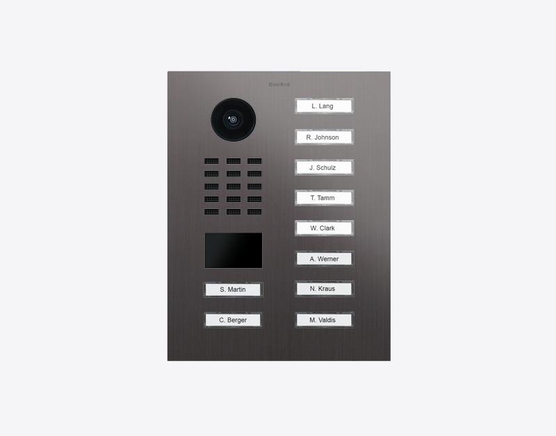 DoorBird IP video door station in titanium with camera lens and 10 call buttons