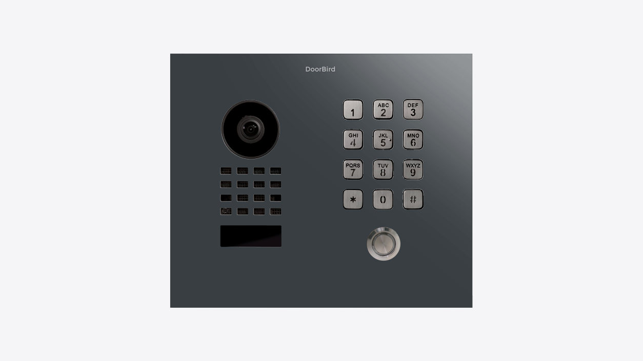 Flush-mount IP video door station faceplate with camera, keypad, and round doorbell button