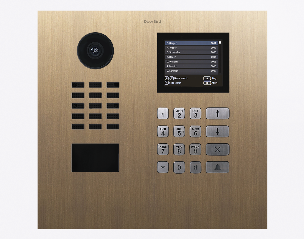 Brass IP video door station with camera lens, screen, keypad and call buttons