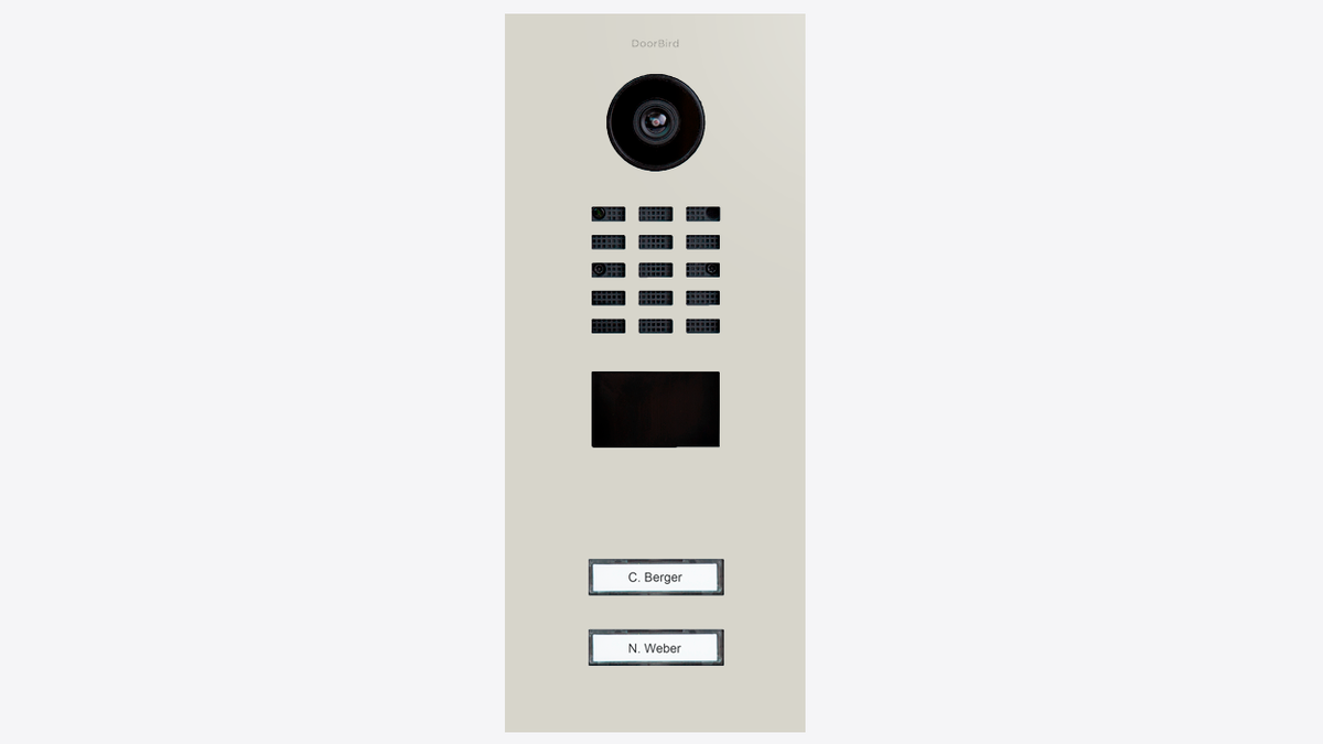 DoorBird IP video door station front view with camera, speaker grille, and 2 label buttons