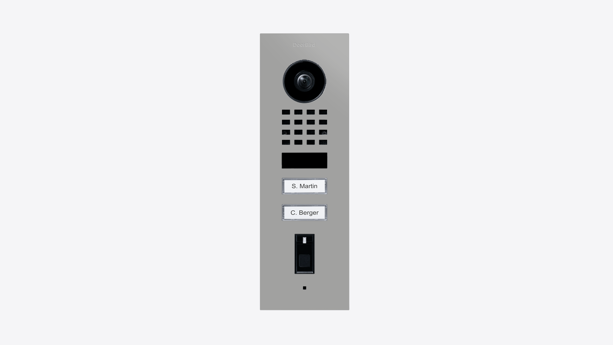 Light grey DoorBird fingerprint IP video door station with camera, keypad, and name tags