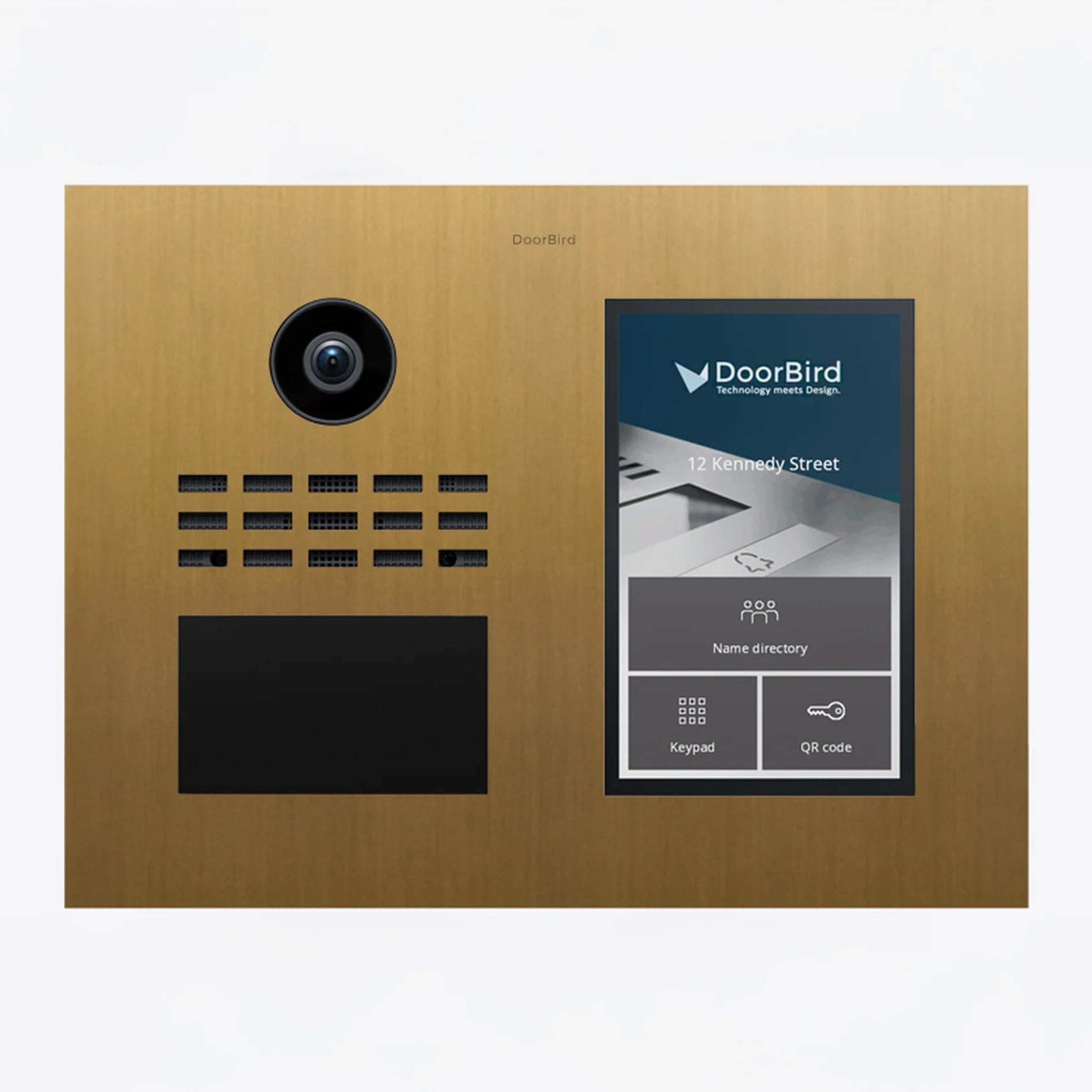 DoorBird gold IP video door intercom with camera lens, speaker grille, and keypad