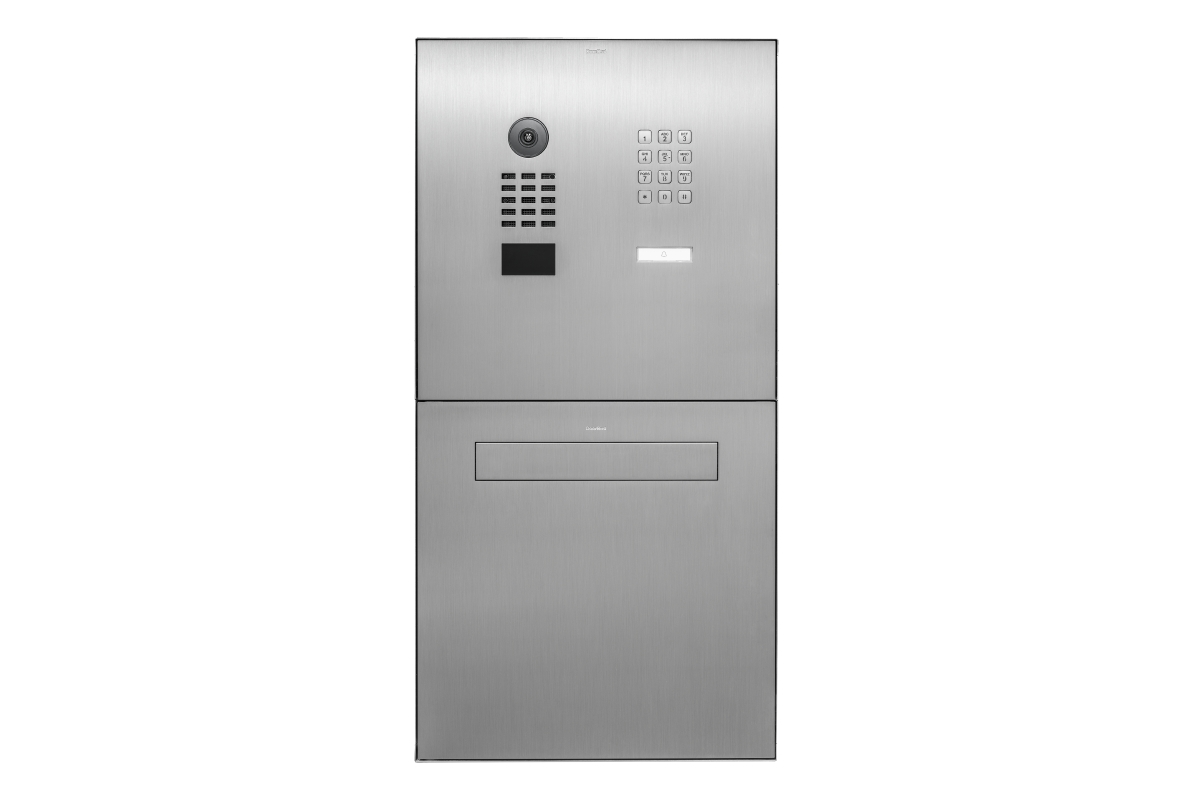 DoorBird video door station panel with keypad, call button, and mail slot