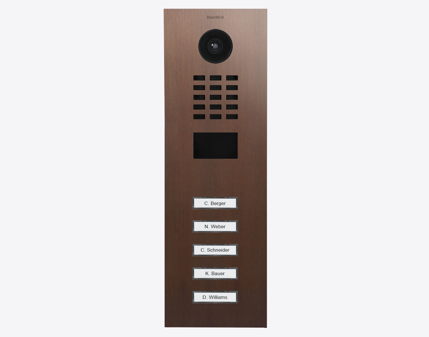 Architectural bronze video door station with camera, keypad, and 5 labeled call buttons
