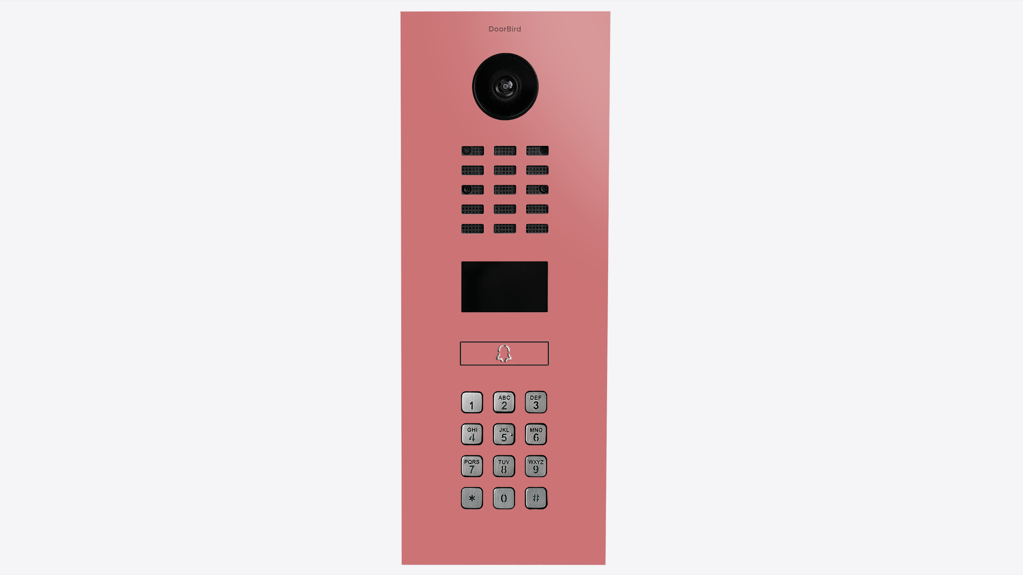 Antique pink DoorBird IP video intercom panel with camera lens and keypad