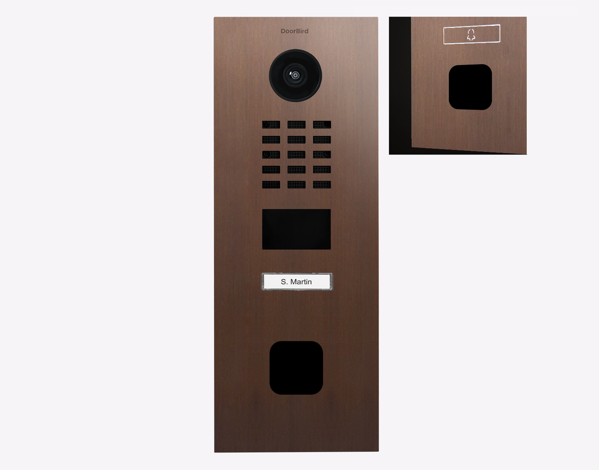 DoorBird IP video door station in architectural bronze with camera, keypad and speaker