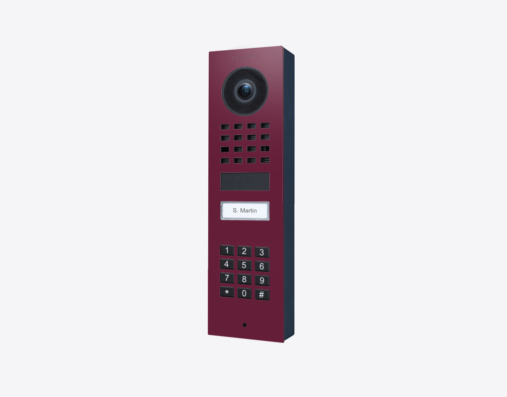 DoorBird video door station, claret violet front with camera and keypad