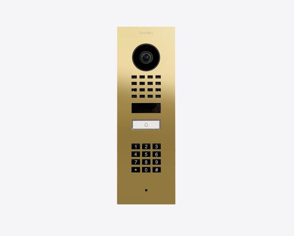 Brass flush-mount video door station with camera lens and numbered keypad call button