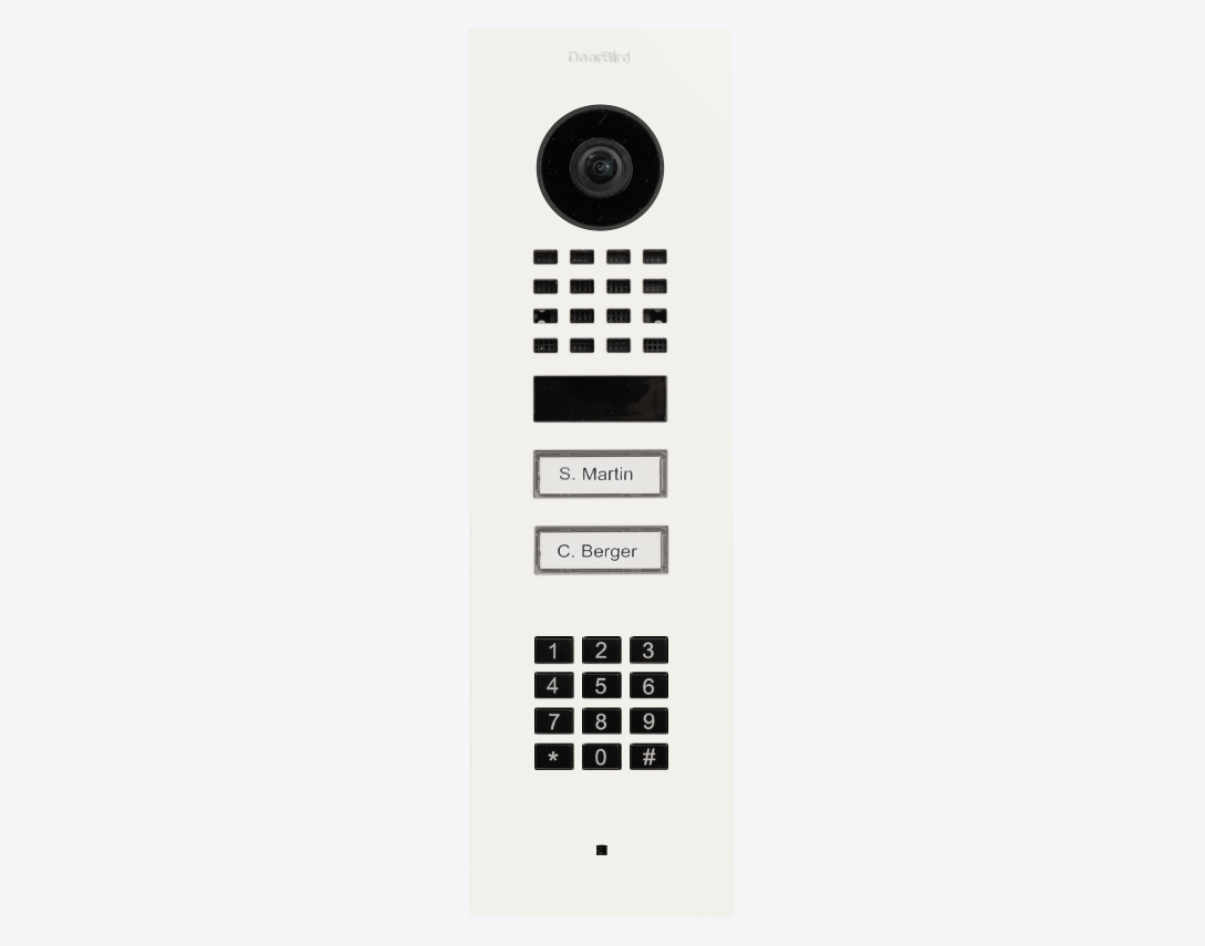 Traffic white flush-mount IP video door station with camera, call keypad, and button grid