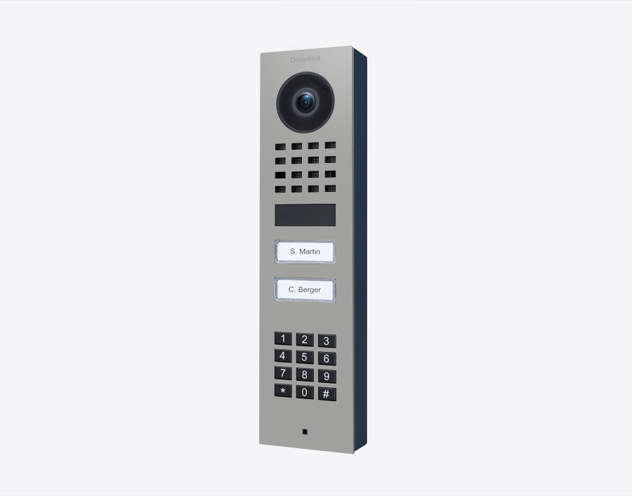 DoorBird IP video door station, white aluminum, with camera, keypad and two call buttons