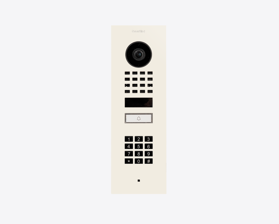 DoorBird flush-mount video door station in pure white with camera and keypad call panel