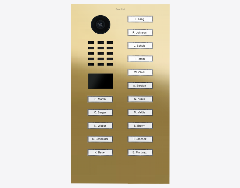 Brass IP video door station with black camera and 16 call button name labels