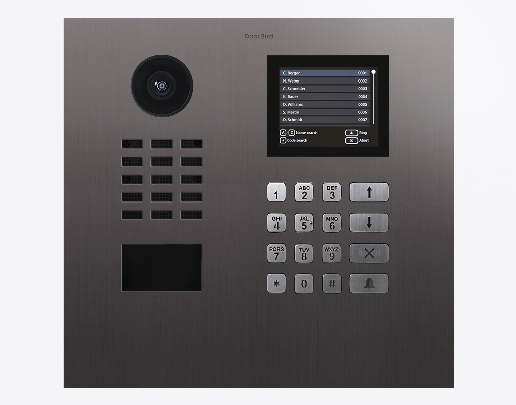Titanium IP video door station with camera, speaker grille, keypad, and black display