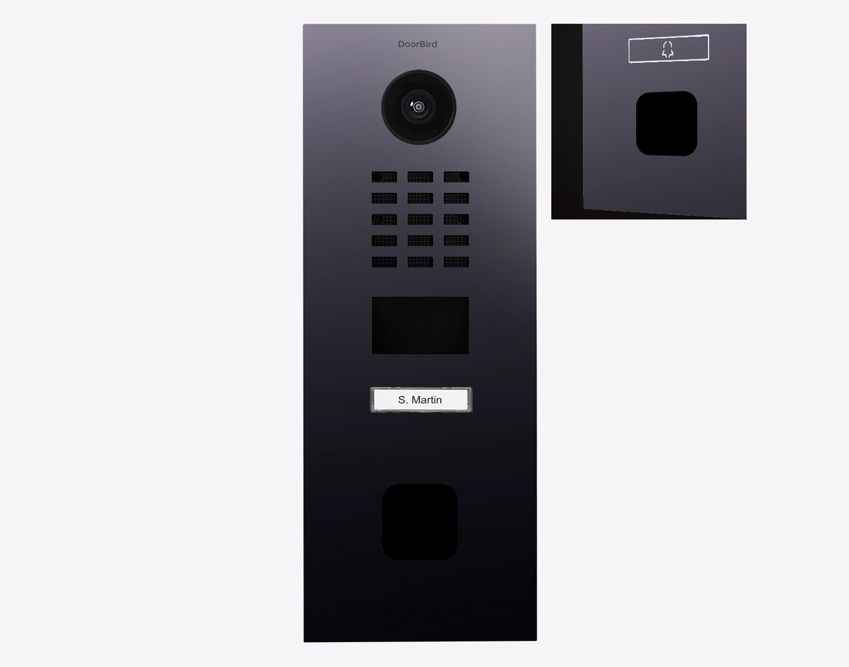 DoorBird IP video door station with camera lens, keypad grid, and name label on dark panel