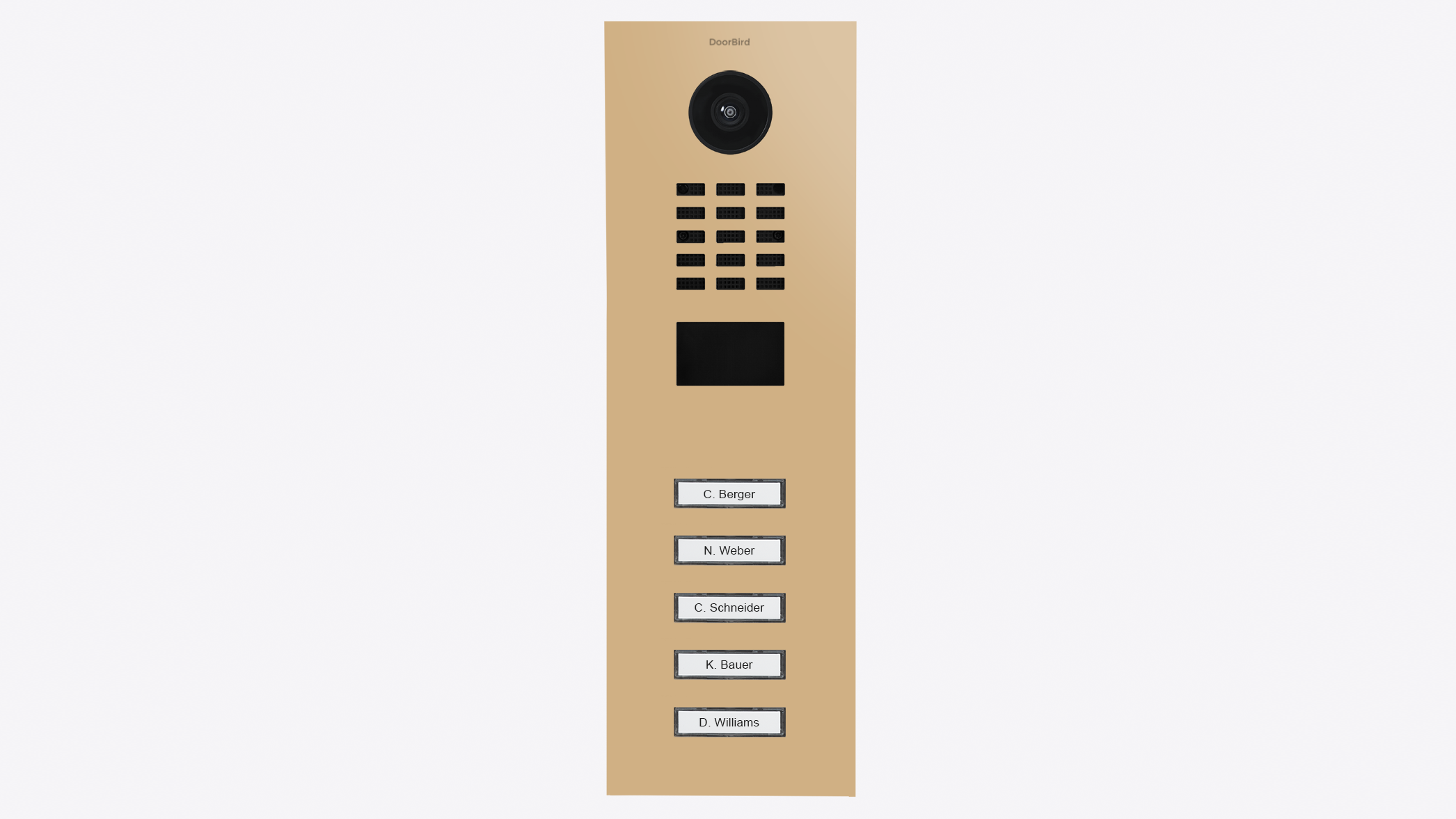 Beige metal video door station with camera and five call buttons