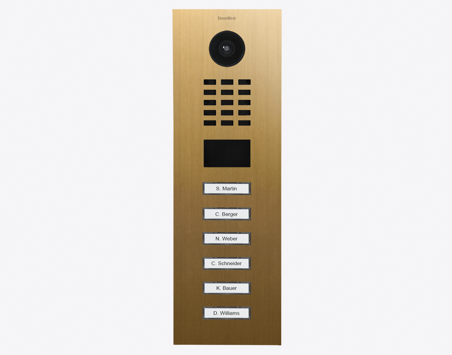 DoorBird IP video door station in gold with camera and six call button names
