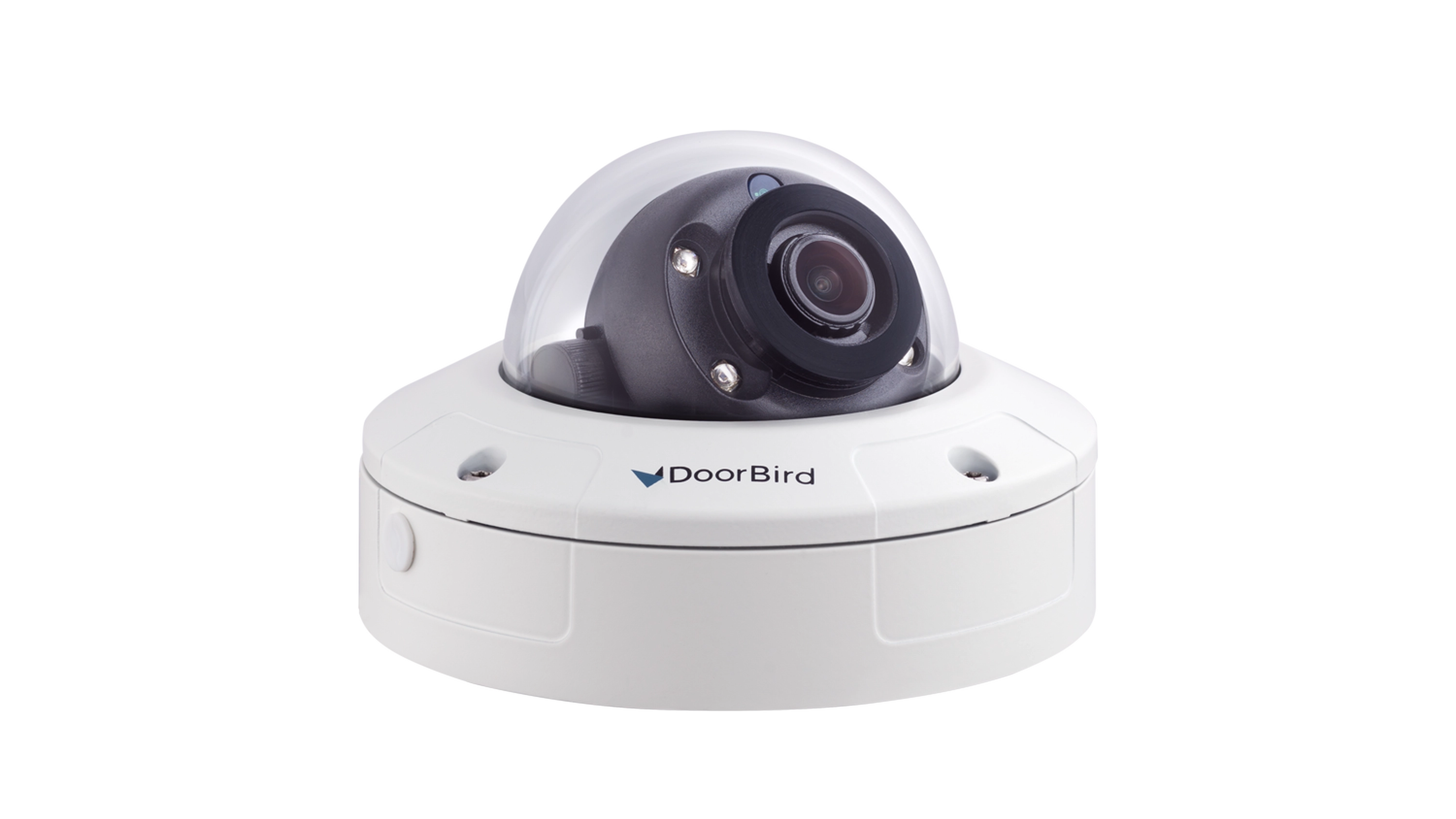 DoorBird mini dome IP camera, white housing with top lens module and mounting screws.
