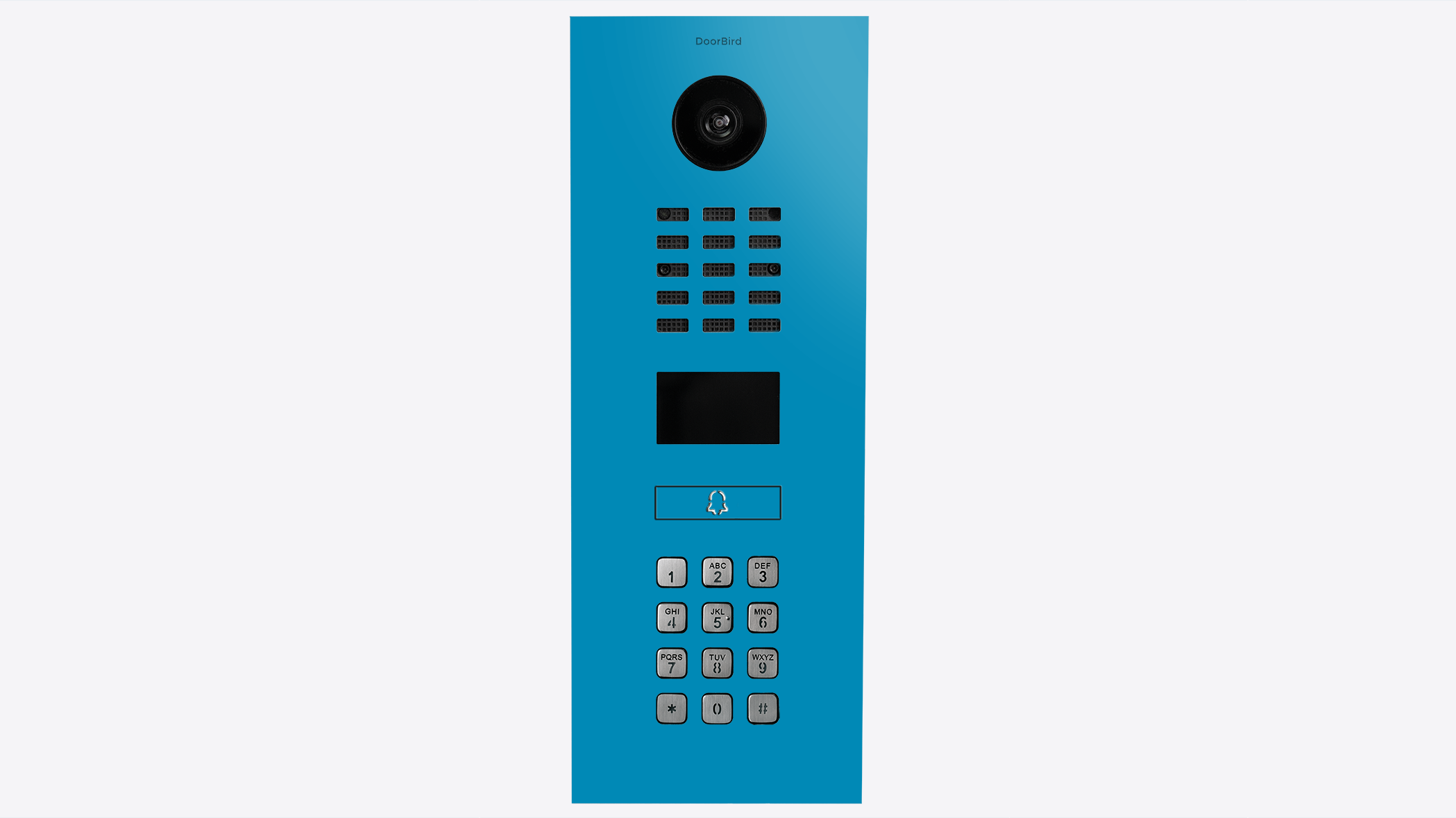 Light blue video door intercom panel with camera lens, call button, and keypad