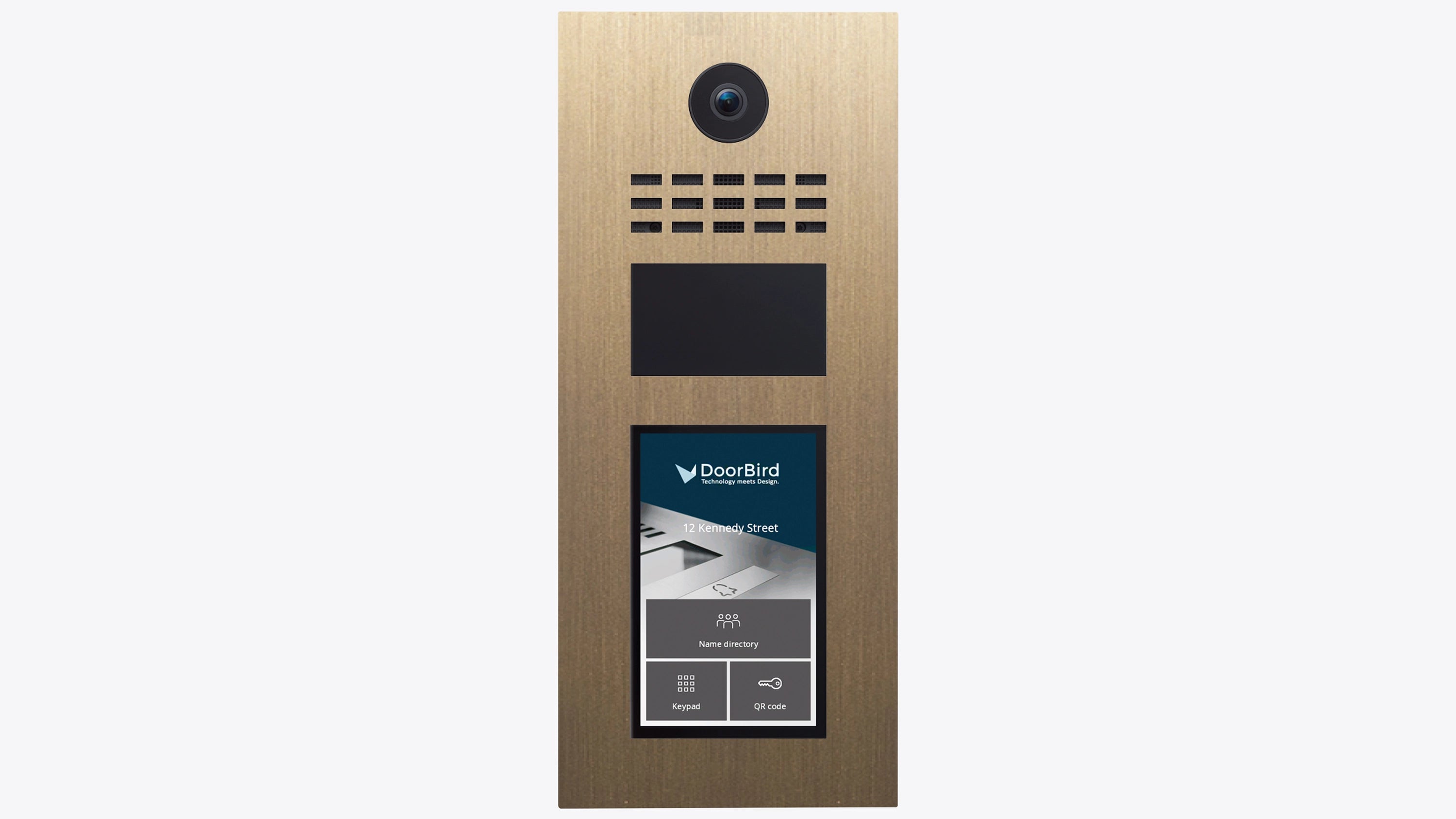 DoorBird IP video door intercom in burnished brass, front panel with camera and keypad