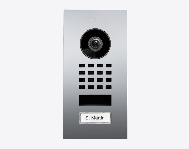 DoorBird D1101V flush-mount video intercom with camera lens and keypad panel