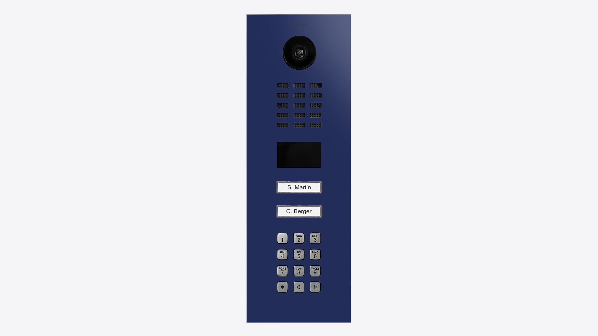DoorBird night blue video door station close-up: camera, card call screen, numeric keypad