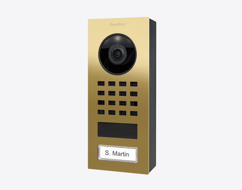 DoorBird D1101V surface-mount video intercom in brass with camera and keypad