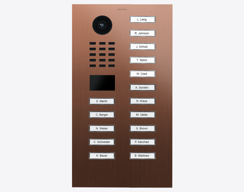 Bronze IP video door station with camera and 16 nameplate call buttons