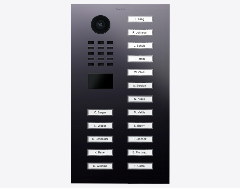 DoorBird titanium IP video door station with circular camera and 17 call buttons