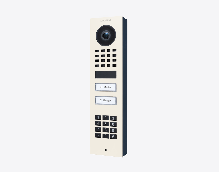 DoorBird pure white IP video door station with camera, keypad, and two call buttons