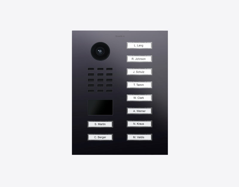 DoorBird IP video door station with camera lens and call buttons