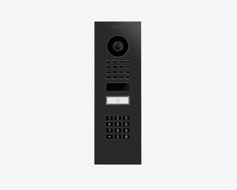 DoorBird flush-mount video door station in graphite black, camera and 1 call keypad