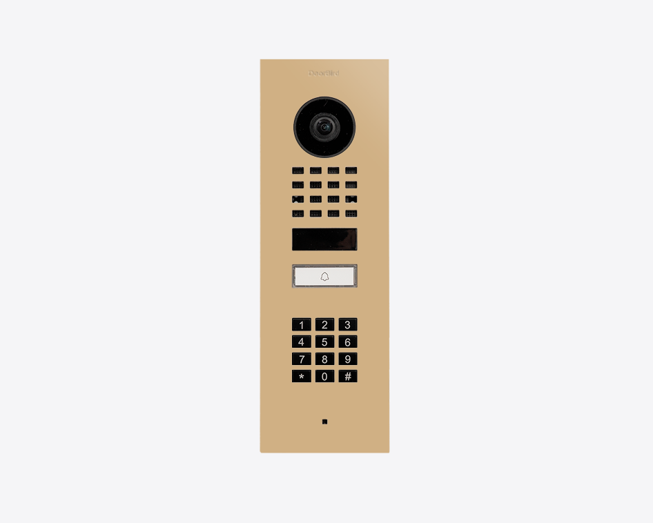 DoorBird beige flush-mount IP video door station with single call button and keypad