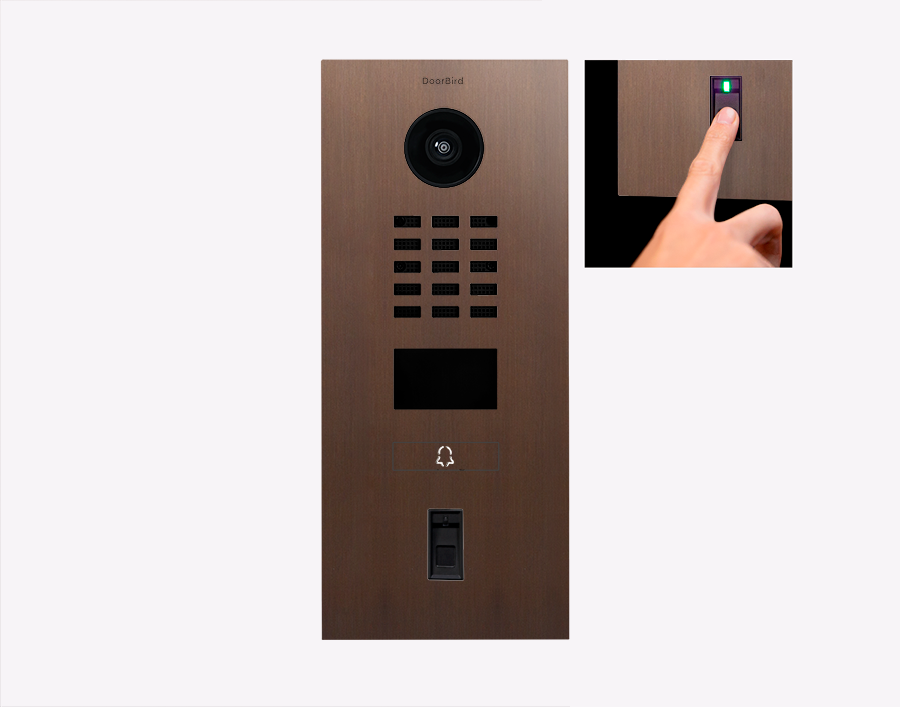 DoorBird fingerprint video door station in architectural bronze, with camera and keypad