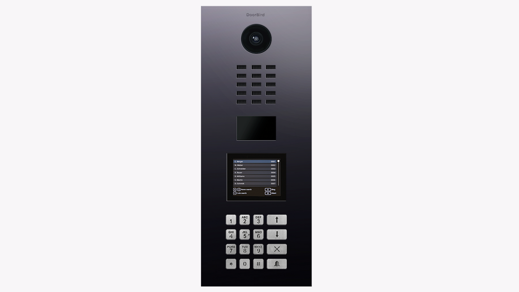 Titanium video door station with camera, speaker grille, display, and keypad