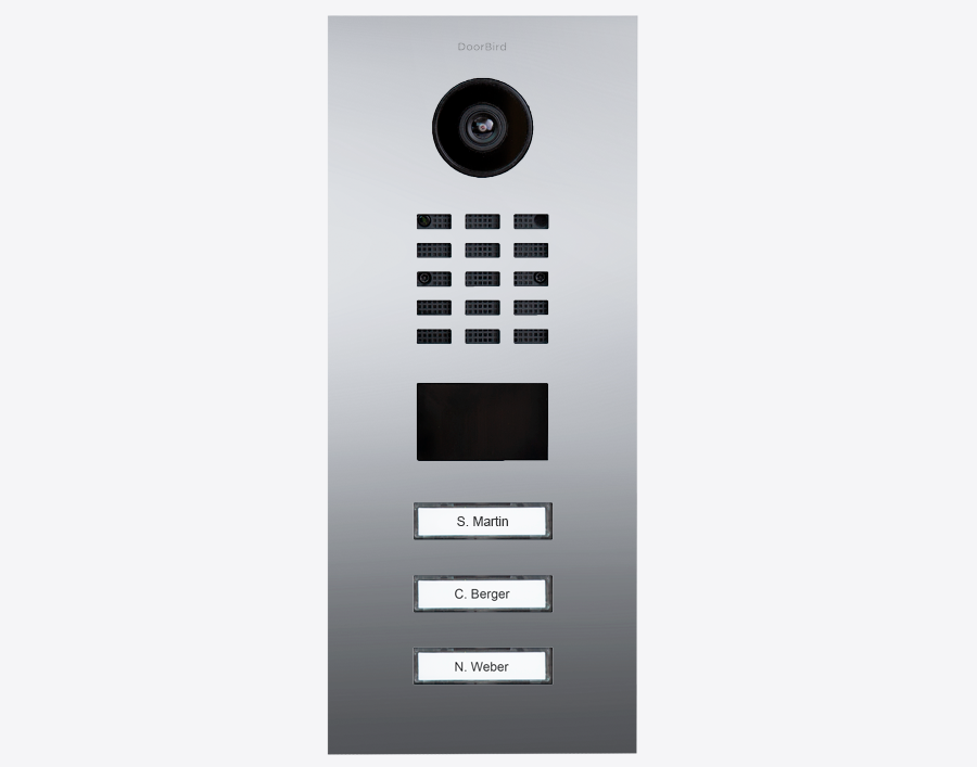DoorBird IP video door station with camera, 3 call buttons, and nameplate labels