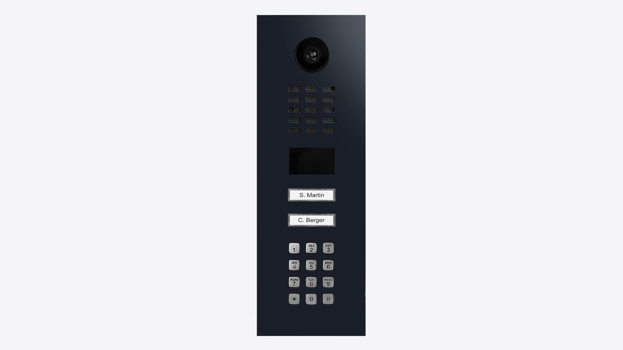 DoorBird IP video door station panel with camera lens, keypad, and small display.