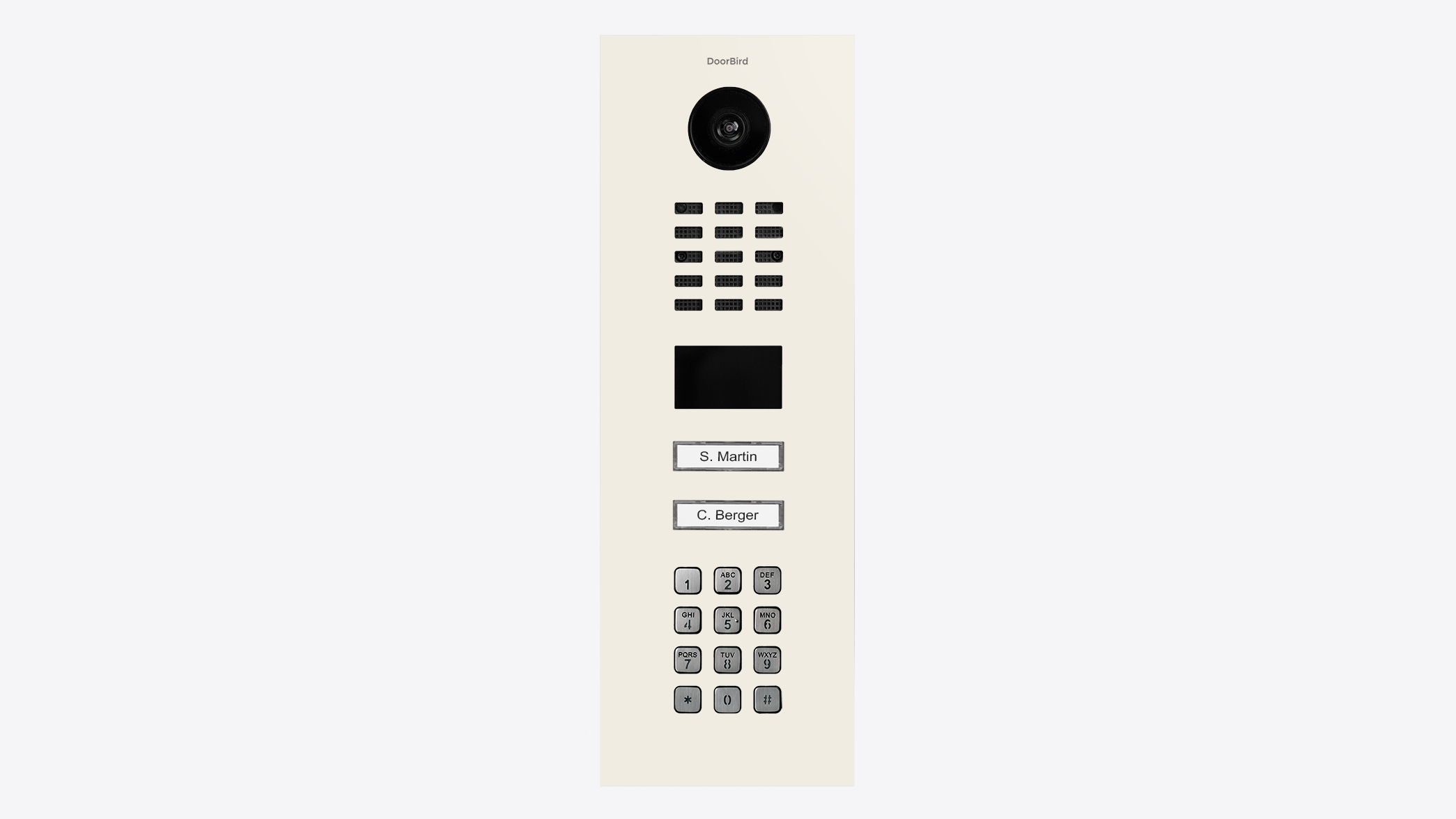 DoorBird IP video door station, black camera lens and keypad with call buttons, pure white